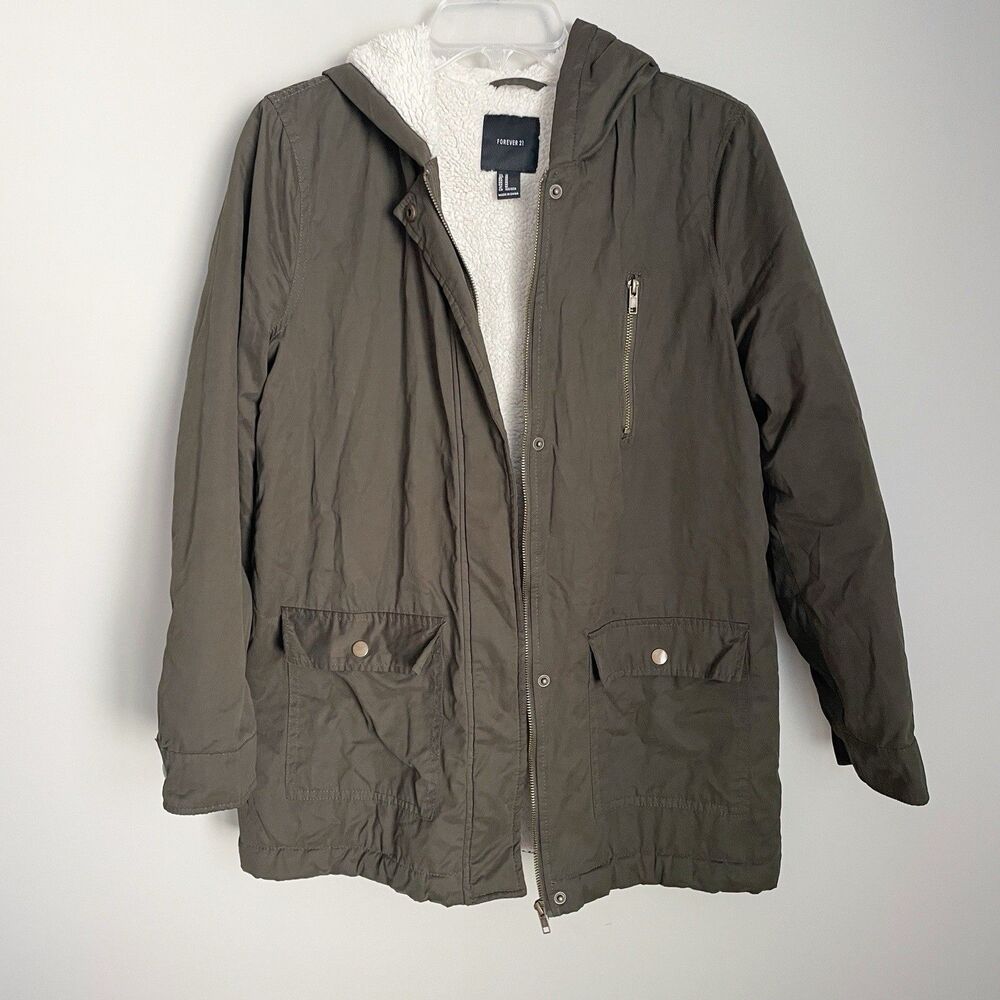 Forever 21 Size M Olive Green Utility Parka Jacket Women Sherpa Lined Bella Swan